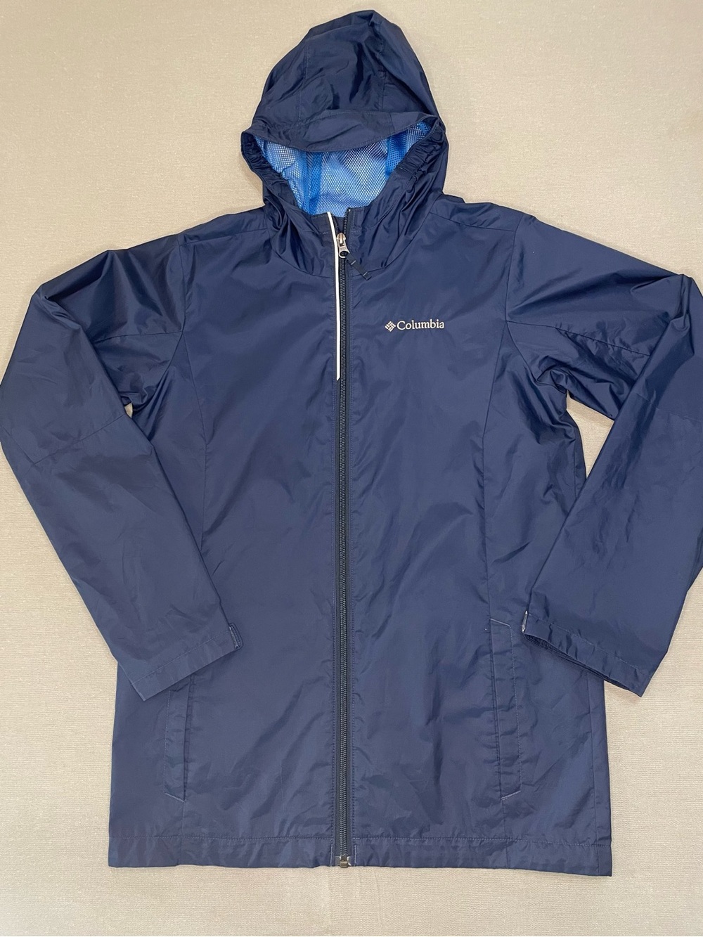 Columbia Navy Hooded Windbreaker with Light Blue Lining